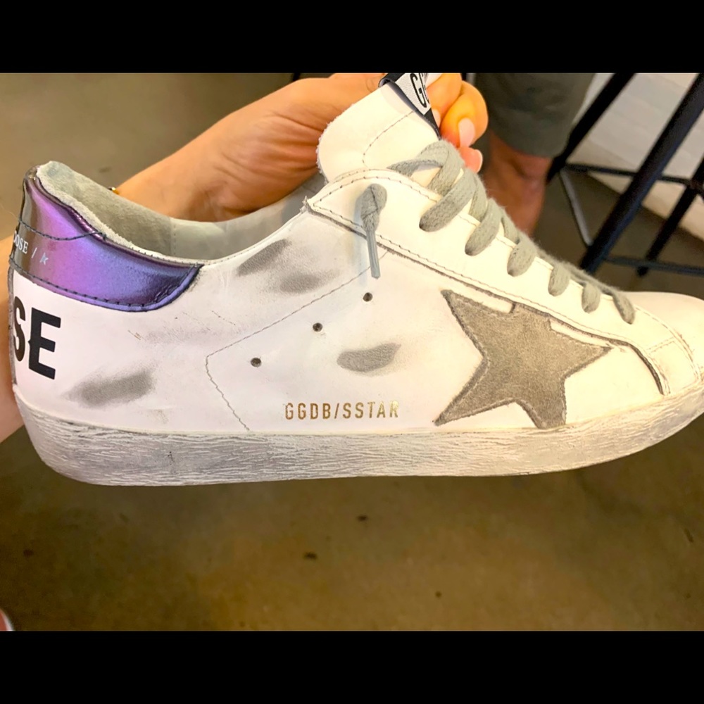 Golden Goose Superstar white with purple heel